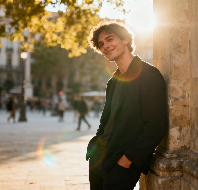 Person confidently posing in a public setting.