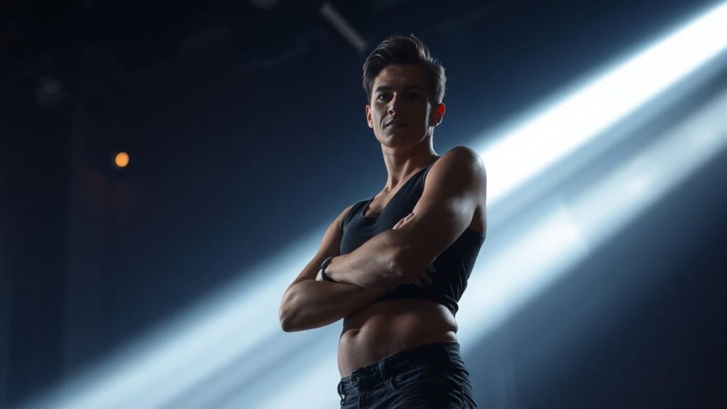 Person confidently posing under a spotlight.