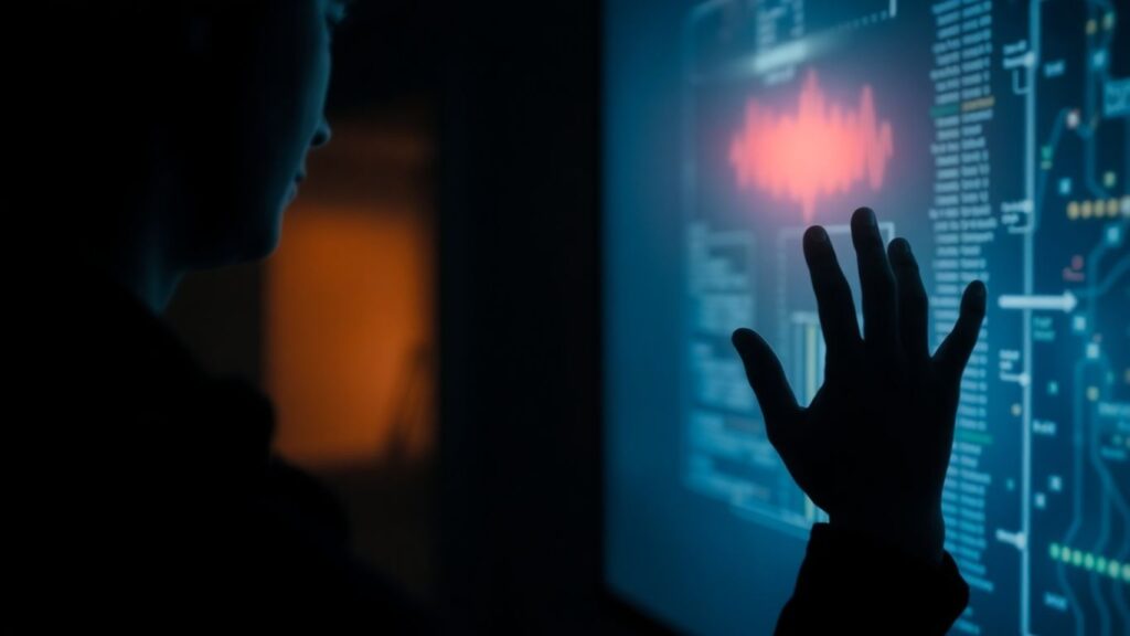 Person interacting with a glowing digital screen