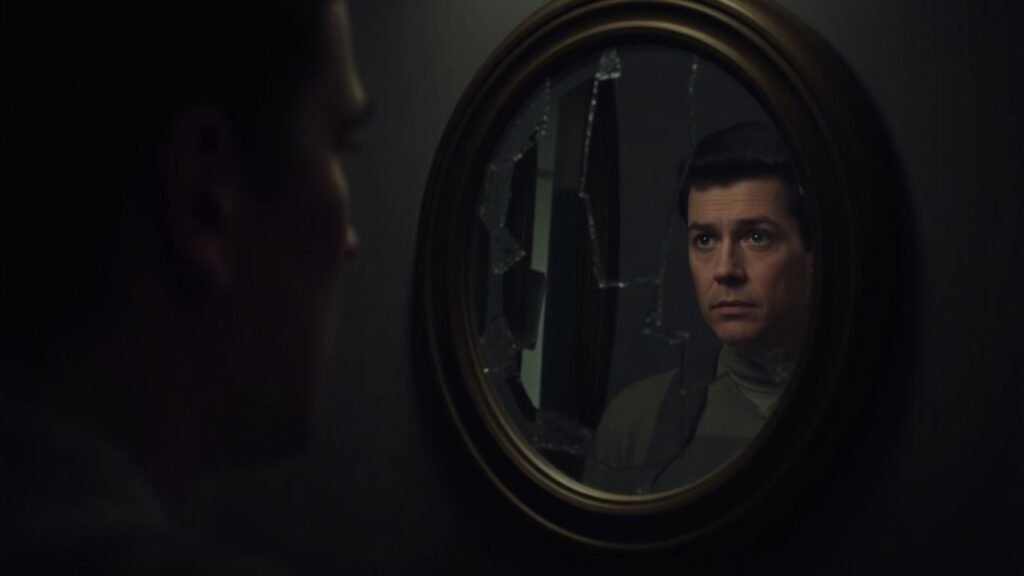 Person looking at a fragmented reflection in a mirror.