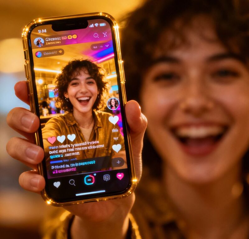 Person sharing life online via smartphone.