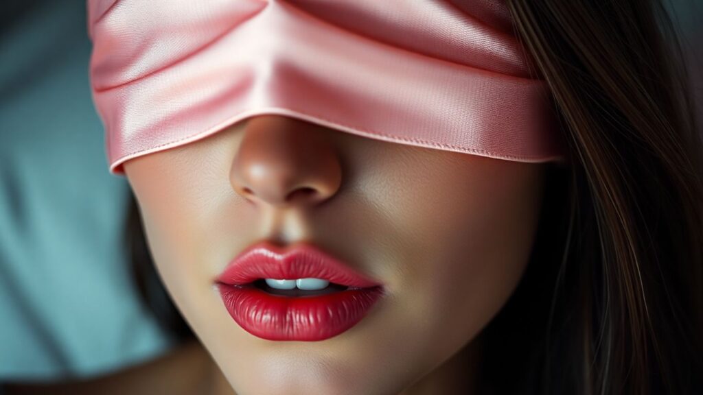 Person wearing a blindfold, anticipating a sensual experience.