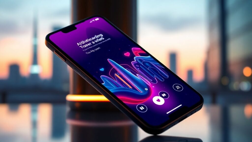 Smartphone displaying AI dating app interface with city background.