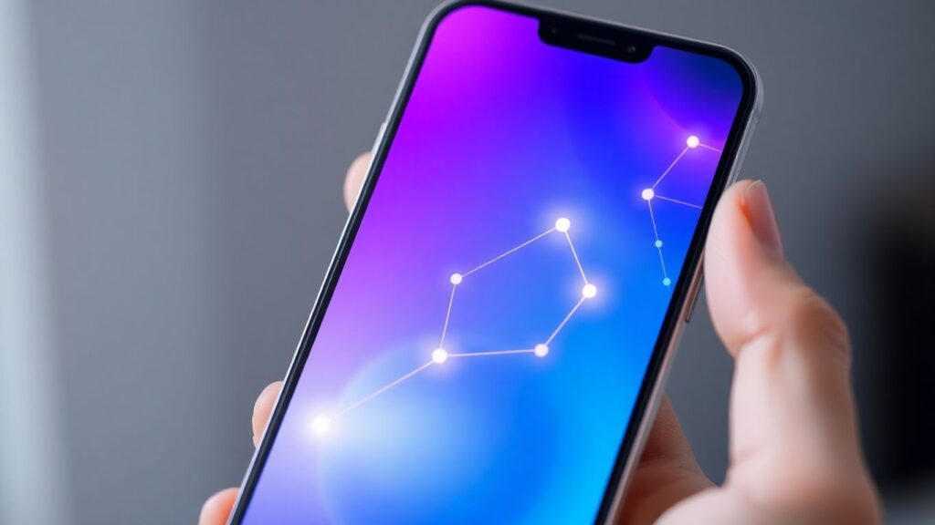 Smartphone displaying abstract AI dating app interface.