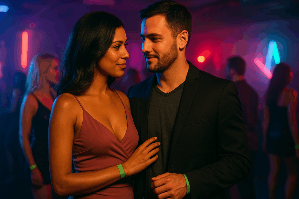 tylish couple standing close together at a Baltimore nightclub, woman in a dusty rose bodycon dress and man in a dark blazer under neon lights, surrounded by other well-dressed guests.
