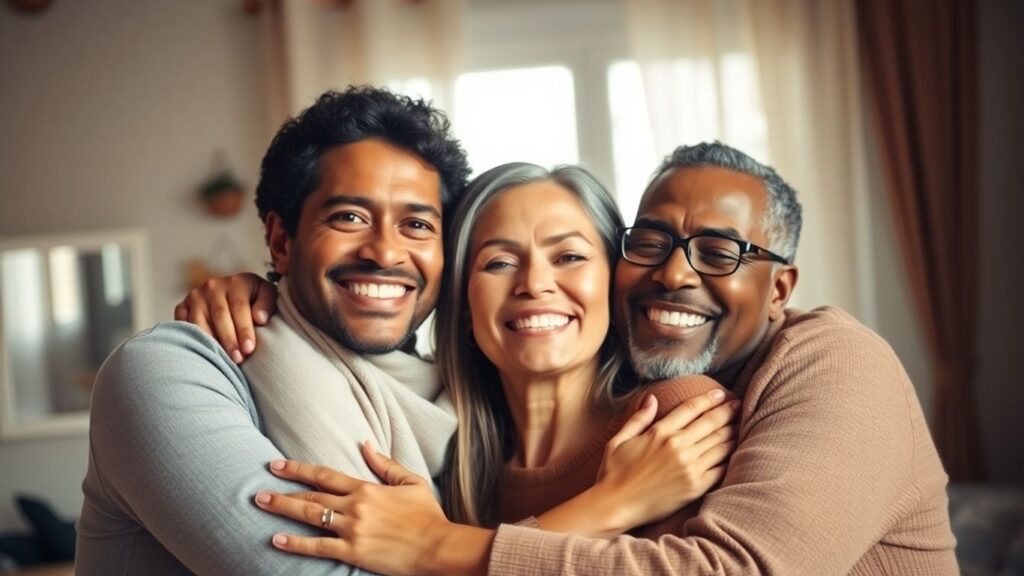 Three adults embracing, showing love and commitment.