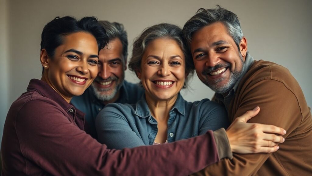 Three adults embracing, showing love and commitment.