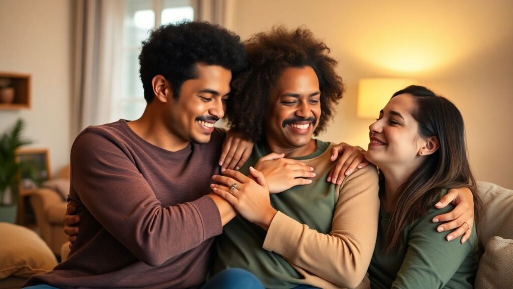 Three adults in a close, affectionate embrace.