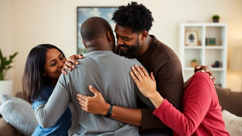 Three adults in a close, comfortable embrace.