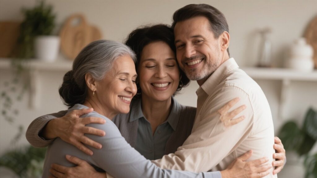 Three adults in a loving, committed embrace.