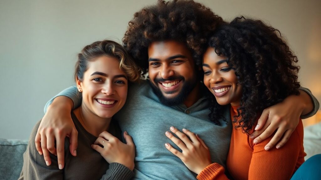 Three people embracing, showing connection and intimacy.