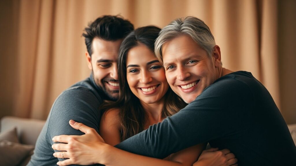 Three people in a close, affectionate embrace.