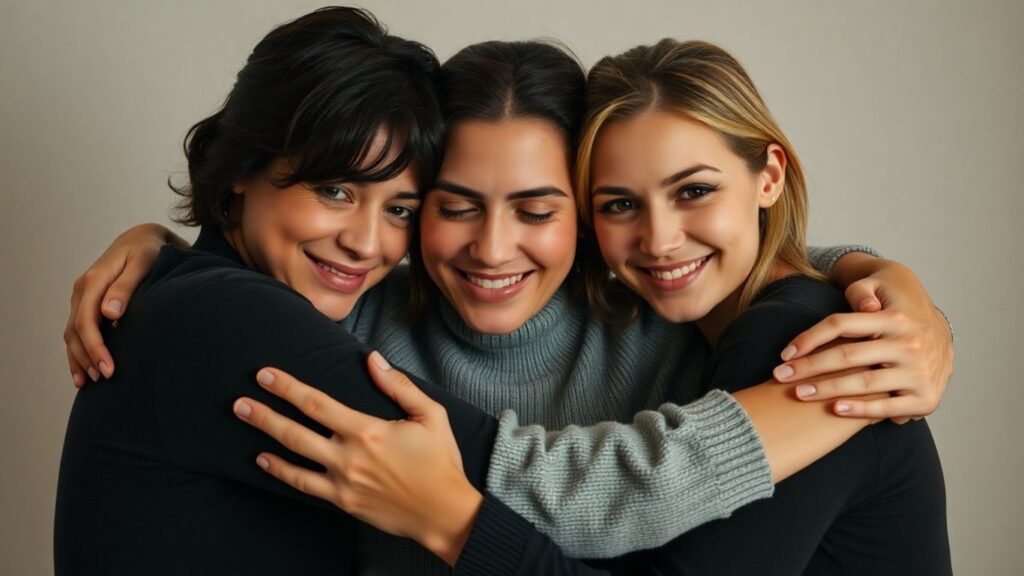 Three people in a close, affectionate embrace.