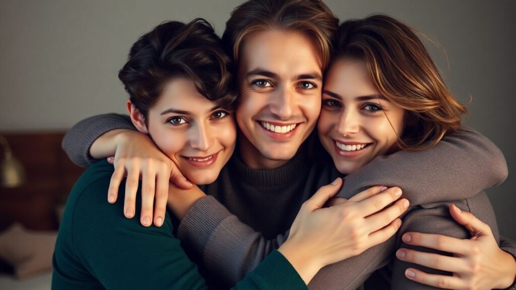 Three people in a close, connected embrace.