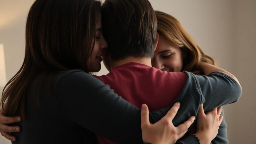 Three people in a close, loving embrace.