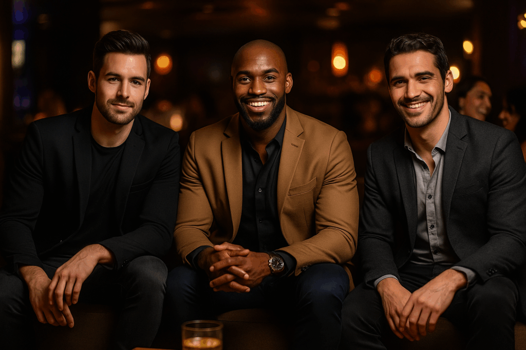 Three stylish men sitting together in a dimly lit upscale bar