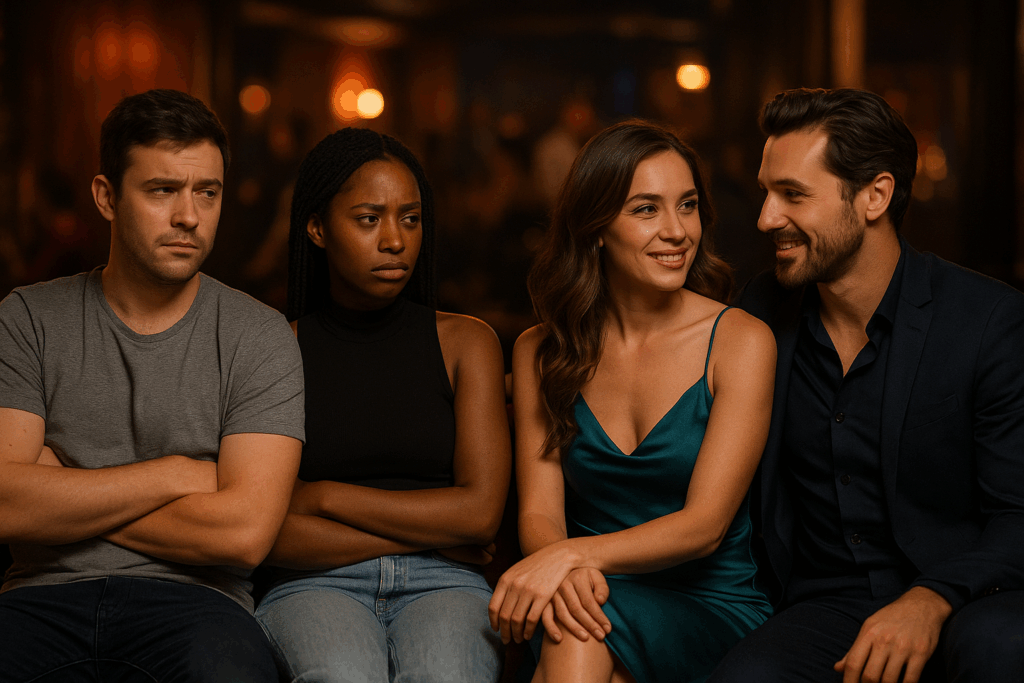 Two casually dressed people look uncomfortable sitting next to an elegant couple in formal attire at a lounge. The contrast in clothing&mdash;t-shirts versus cocktail attire&mdash;illustrates common dress code mistakes to avoid in lifestyle clubs