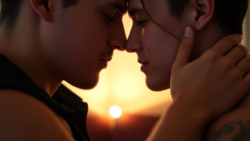 Two people embracing intimately, soft lighting.