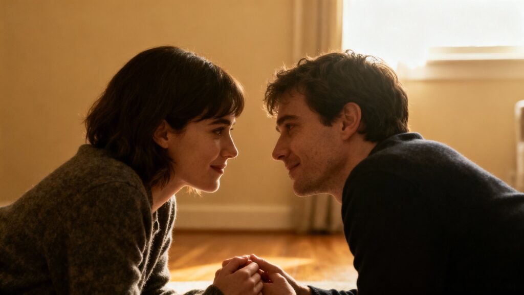 Warm-toned room, subtle gestures showing affection and emotional closeness.