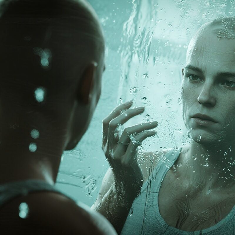 person facing the mirror