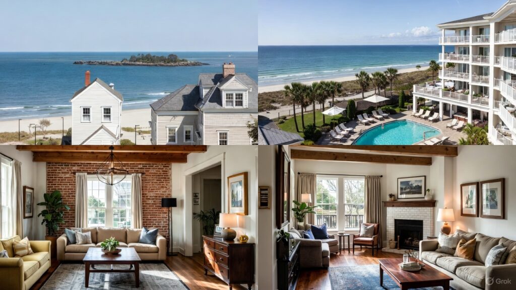 Four luxurious coastal and boutique hotel scenes perfect for Charleston couples: oceanfront beach house on Isle of Palms, a resort-style pool overlooking the Atlantic, and two stylish modern suites with exposed brick, hardwood floors, and cozy fireplaces at The Restoration Hotel and The Loutrel