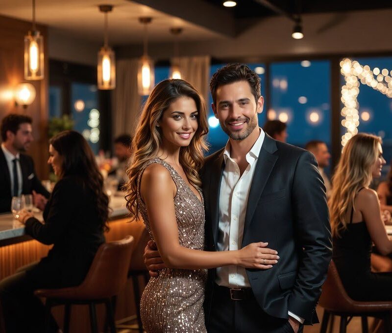 A stylish couple in a sparkling evening dress and sharp suit share an intimate moment at a chic Nashville rooftop bar
