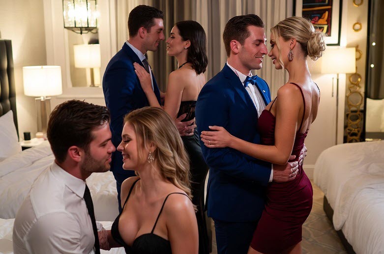 A group of couples flirt and mingle in a luxurious hotel suite during a private swinger takeover event