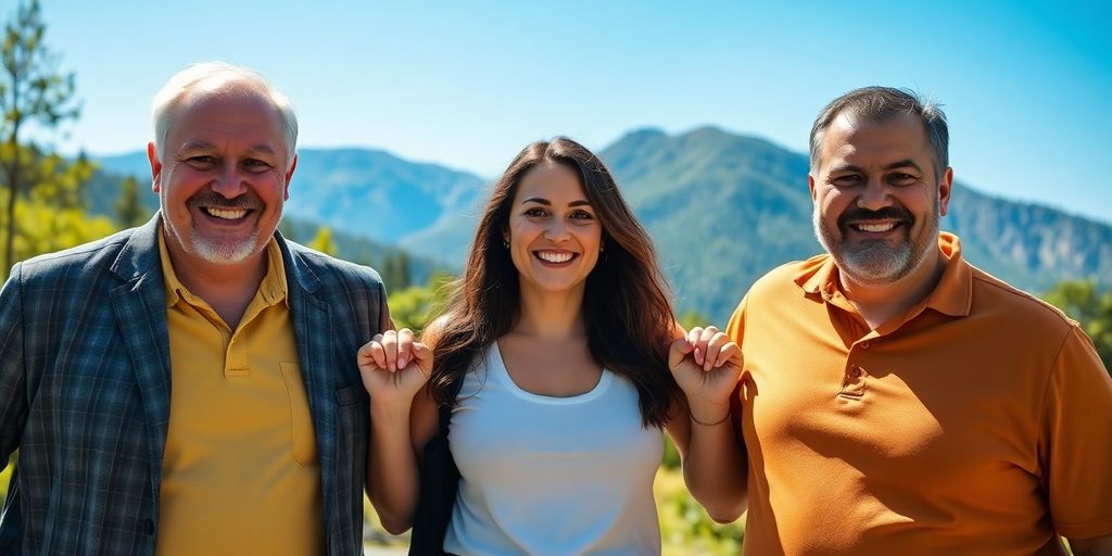 Woman, two men, Colorado mountain landscape