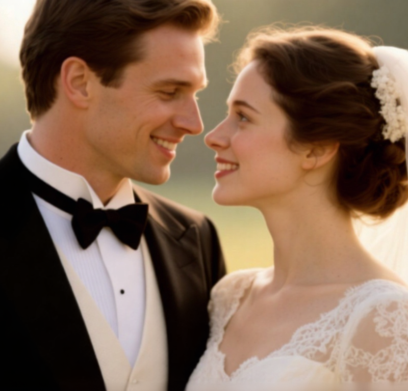 Couple in wedding attire looking lovingly at each other.