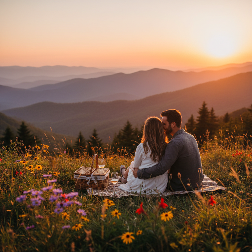 A couple sitting on a picnic blanket watching the sunset along the Blue Ridge Parkway near Asheville, North Carolina, surrounded by golden light, mountain ridges, and wildflowers
