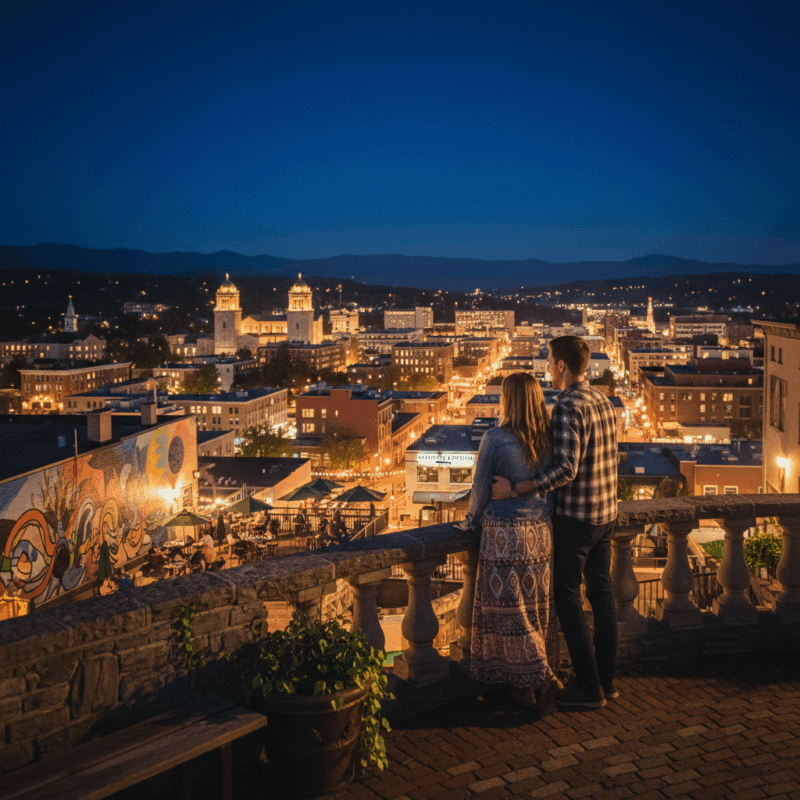 A couple standing together overlooking the Asheville, North Carolina skyline at night, with the Blue Ridge Mountains in the background
