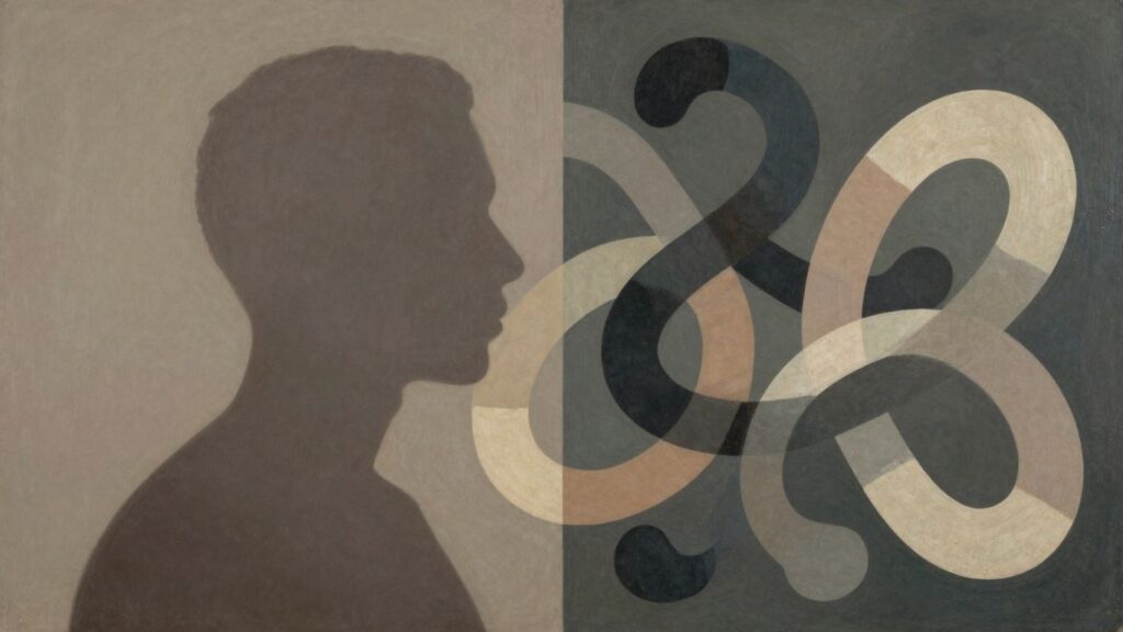 Abstract shapes and a shadowed silhouette suggesting hidden relationship dynamics.
