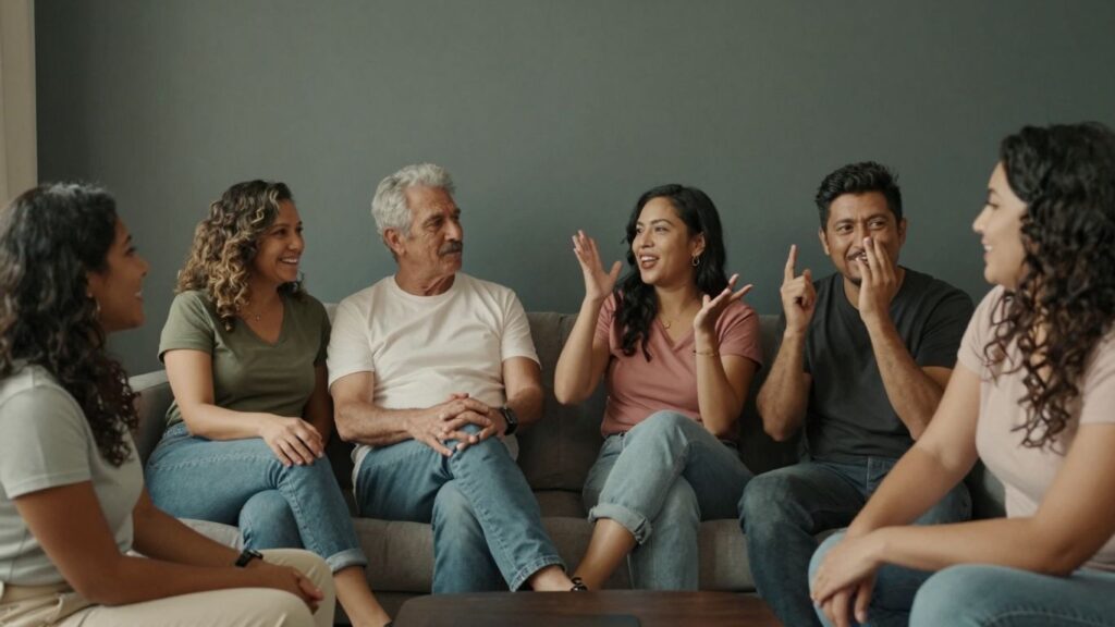 Adults interacting in a comfortable, open, and intimate setting.