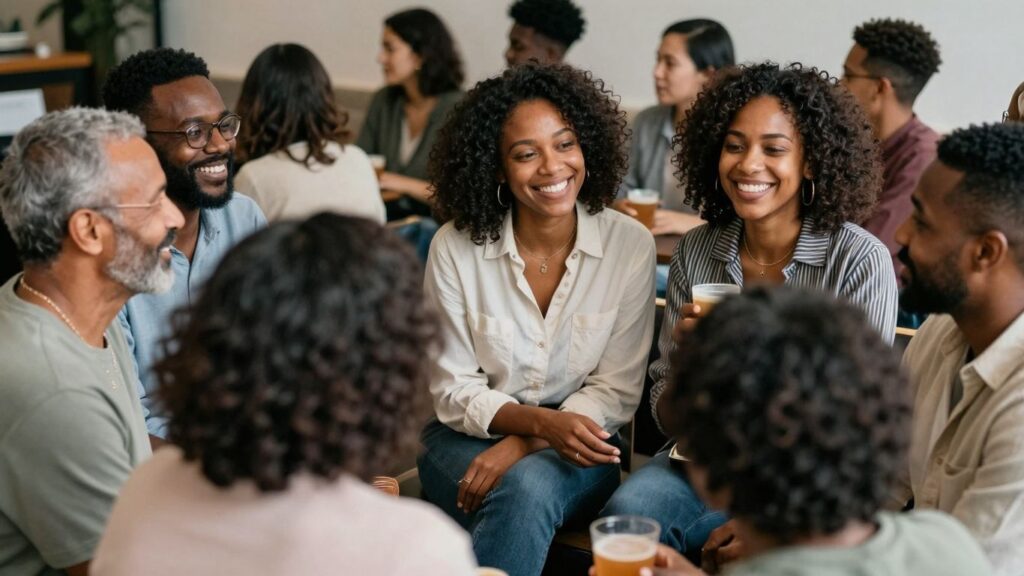 Adults socializing in a comfortable, intimate setting.