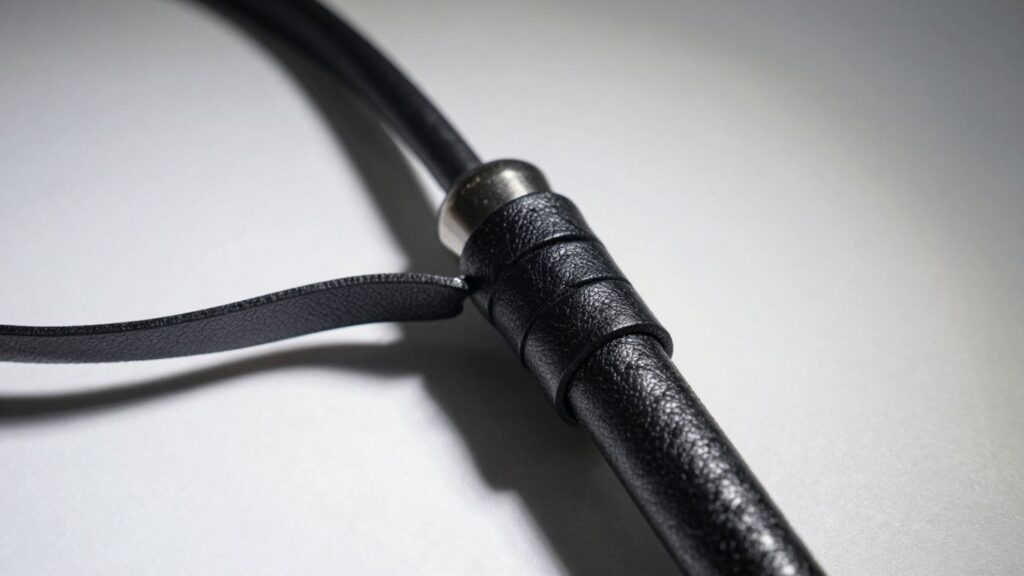 Close-up of a leather flogger, BDSM context.