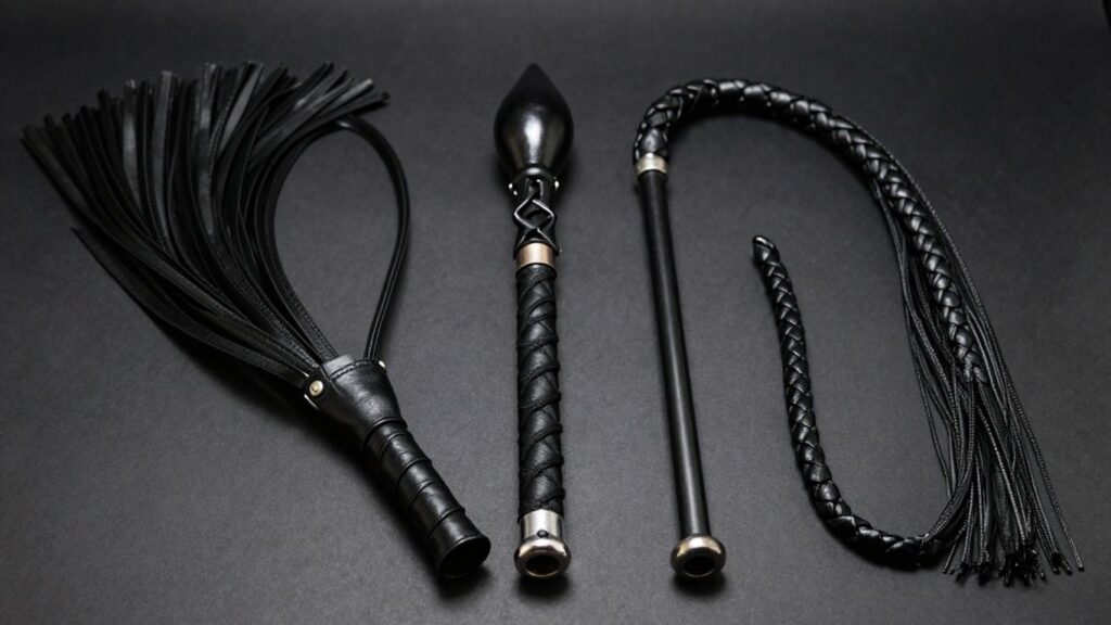 Collection of BDSM impact toys: flogger, crop, cane, whip.