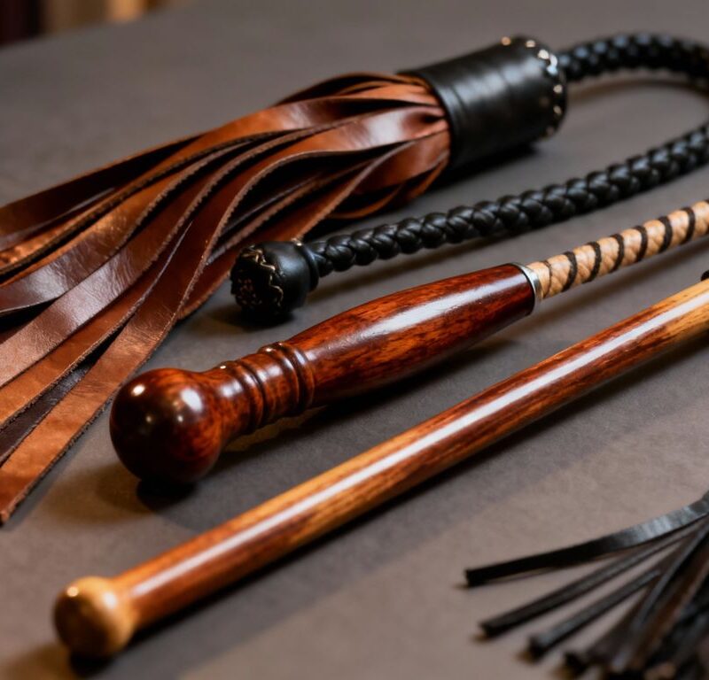 Collection of floggers, crops, canes, and whips.