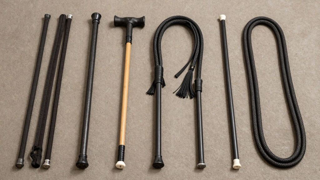 Collection of impact play tools: floggers, crops, canes, whips.
