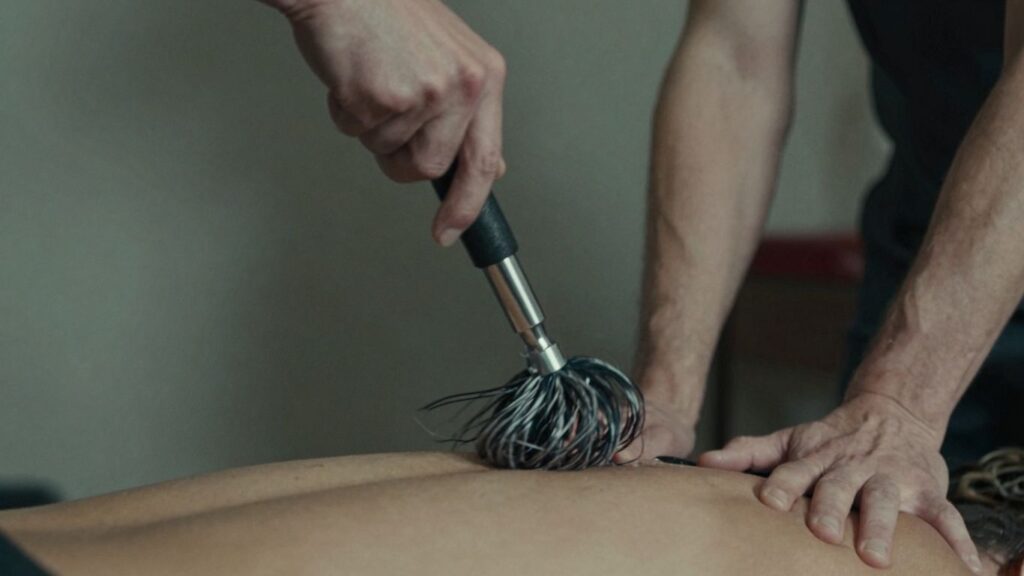 Consensual flagellation scene with flogger and skin detail.