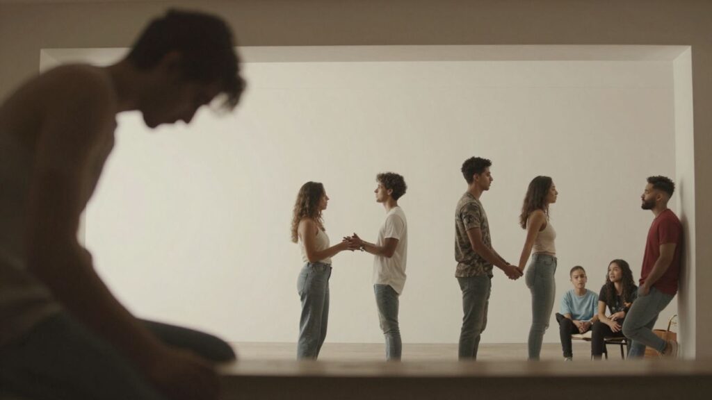 Contrasting scenes of intimacy and social gathering.