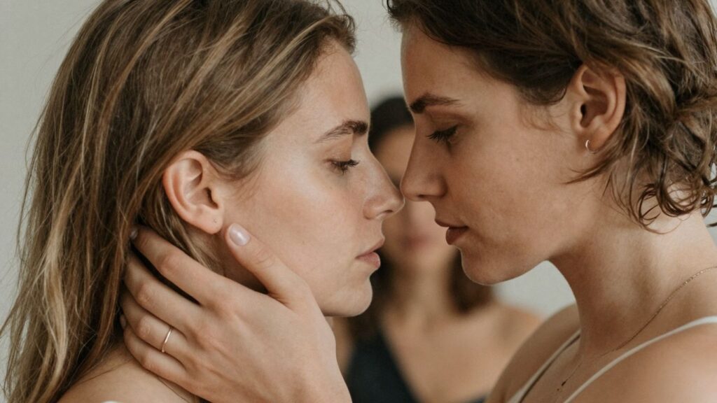 Couple and third person in intimate setting.