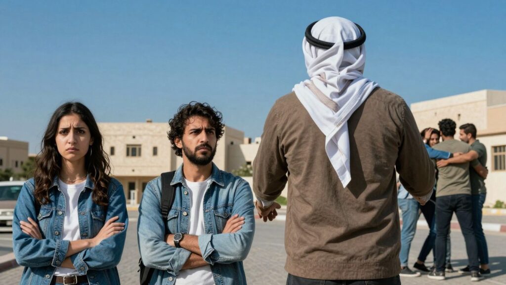 Couple arguing, person being lured away.