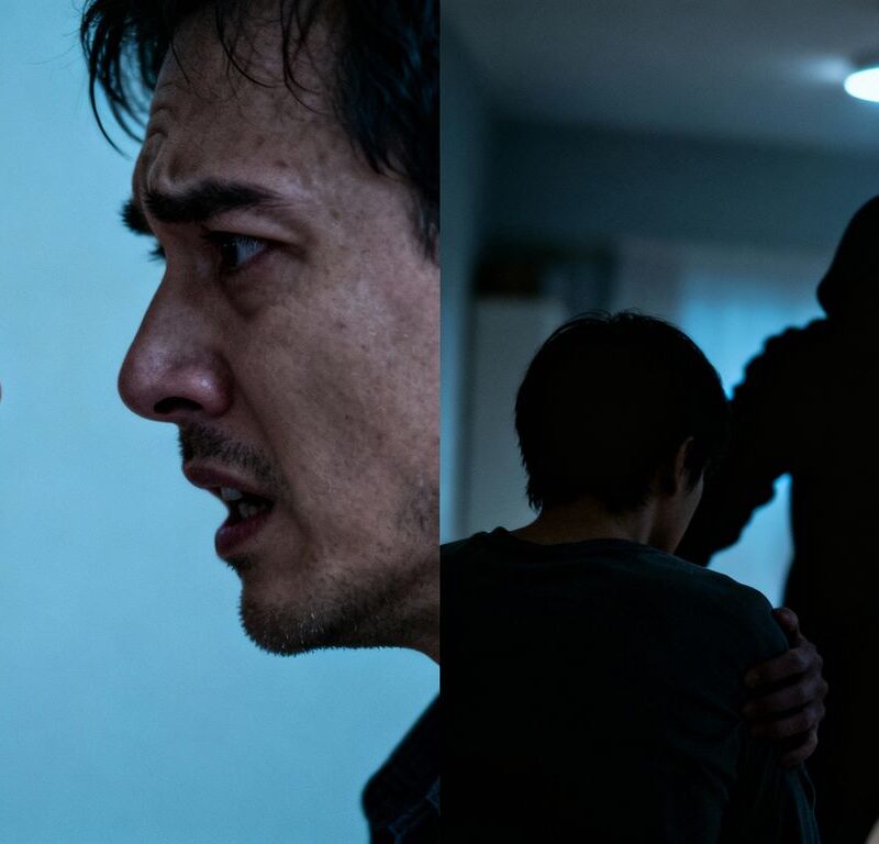 Couple arguing, shadowy figure approaching from behind.