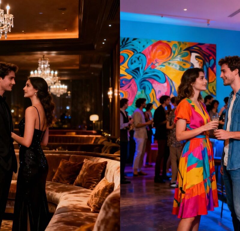 Couple at black tie vs casual swingers party