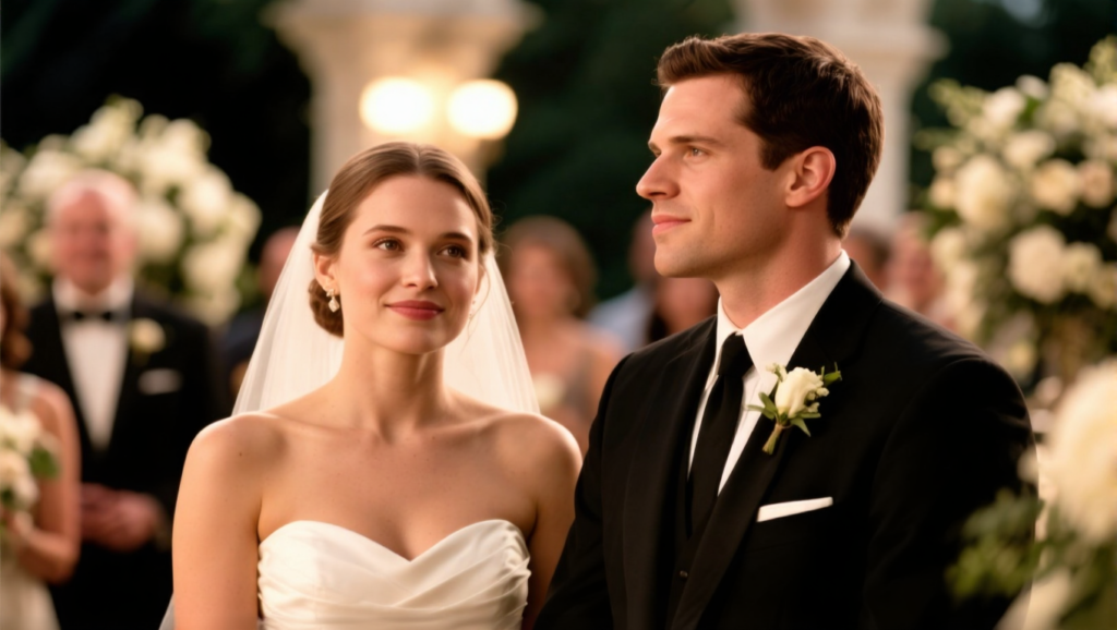 Couple at wedding, one partner looking away.