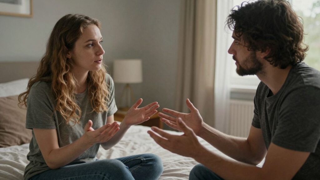 Couple discussing intimacy and boundaries in a bedroom.