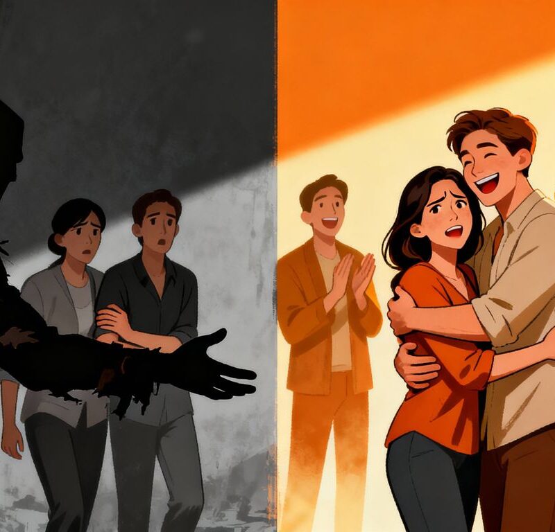 Couple embracing, contrasted with a shadowy figure.