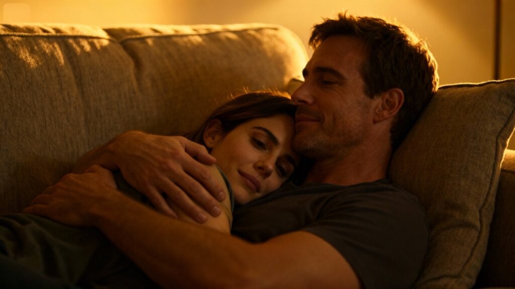 Couple embracing, conveying intimacy and comfort.