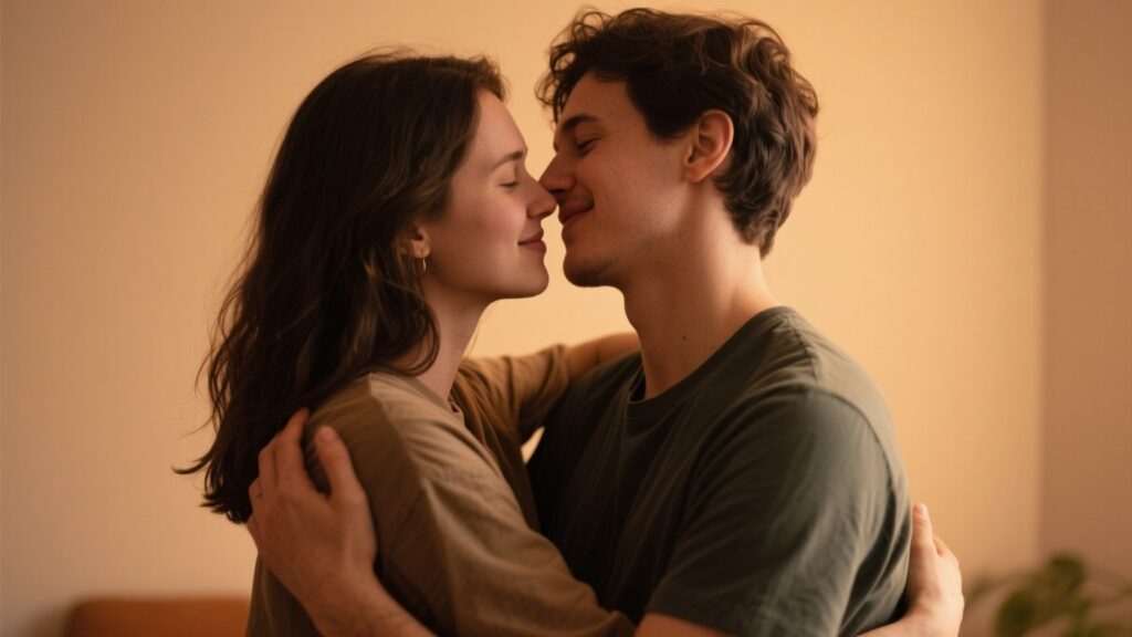 Couple embracing, conveying intimacy and consensual non-monogamy.