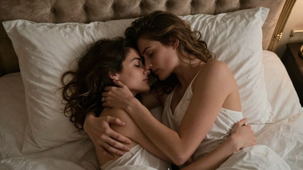 Couple embracing intimately in a luxurious bedroom.